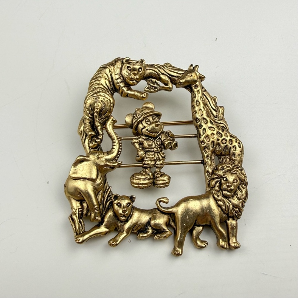 Large Vintage Disney Mickey Mouse Safari Gold Tone Brooch Marked EUC